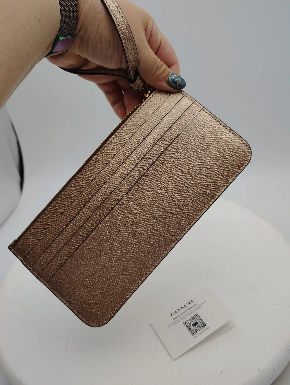 New Coach Brown Signature Wristlet with Metallic Rose Gold Card Pocket